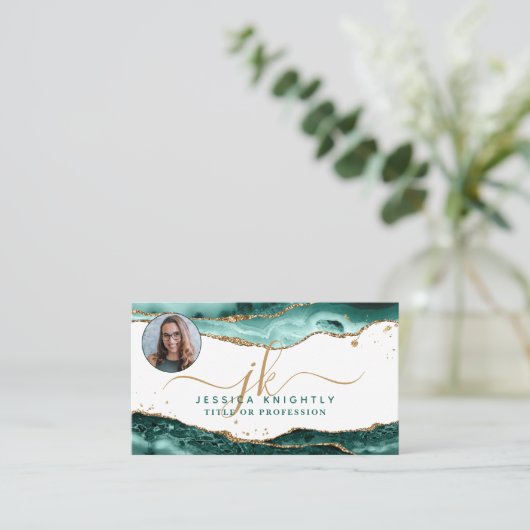 ターコイズアガテ金ゴールドスクリプトモノグラム写真 名刺 (スタンド正面)