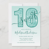 ターコイズアクアグリッター スクリプト スイート16 バースデーパーティー 招待状 (正面)