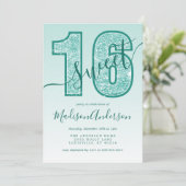 ターコイズアクアグリッター スクリプト スイート16 バースデーパーティー 招待状 (スタンド正面)