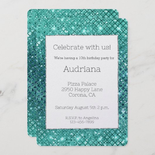 ターコイズアクアグリーンスパークル誕生日 招待状 (正面/裏面)