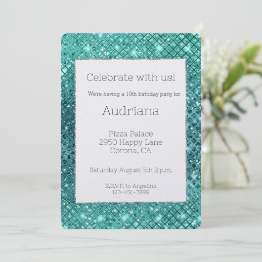 ターコイズアクアグリーンスパークル誕生日 招待状 (スタンド正面)