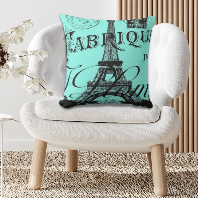 ターコイズアクアティール（緑がかった色）スクリプトパリエッフェルタワー アウトドアクッション (turquoise aqua teal scripts Paris Eiffel Tower Outdoor Pillow)