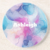 ターコイズアクアパープルピンクマーブル誕生日 コースター (正面)