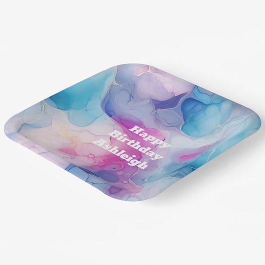 ターコイズアクアパープルピンクマーブル誕生日 ペーパープレート (傾斜あり)