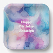 ターコイズアクアパープルピンクマーブル誕生日 ペーパープレート (正面)