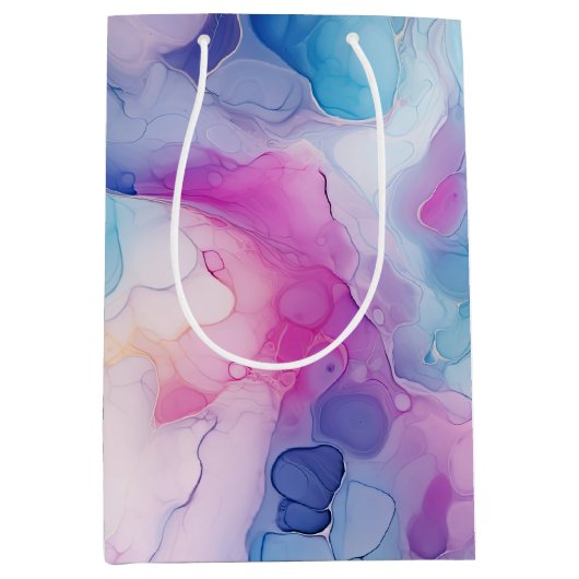 ターコイズアクアパープルピンクマーブル誕生日 ミディアムペーパーバッグ (正面)