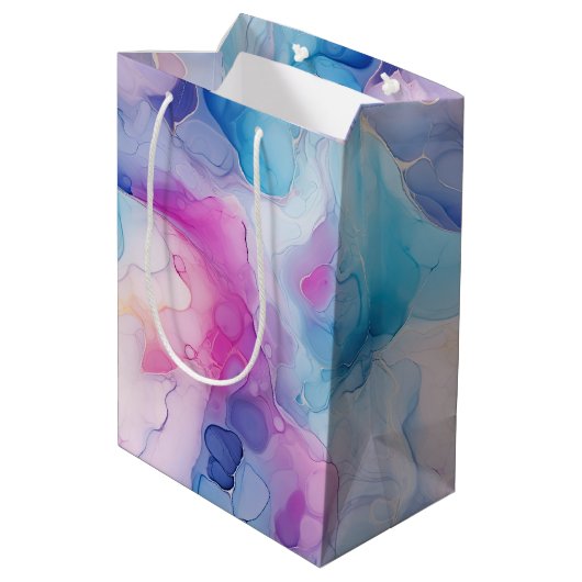 ターコイズアクアパープルピンクマーブル誕生日 ミディアムペーパーバッグ (裏面アングル)