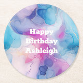 ターコイズアクアパープルピンクマーブル誕生日 ラウンドペーパーコースター (正面)