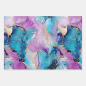 ターコイズアクアパープルピンクマーブル誕生日 ラッピングペーパーシート (正面3)