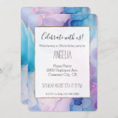 ターコイズアクアパープルピンクマーブル誕生日 招待状 (正面/裏面)