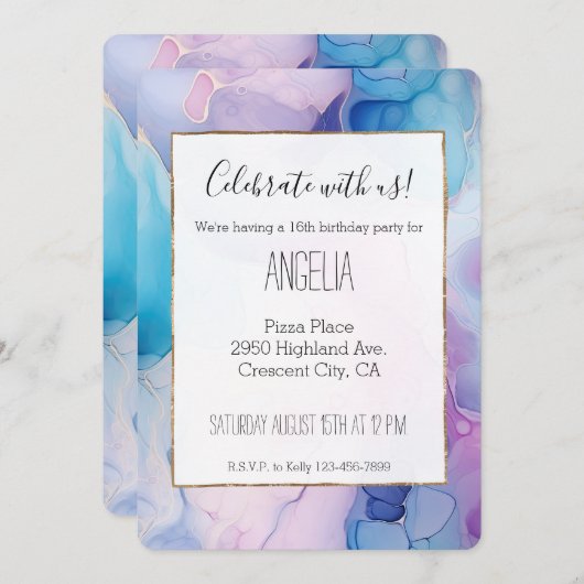 ターコイズアクアパープルピンクマーブル誕生日 招待状 (正面/裏面)