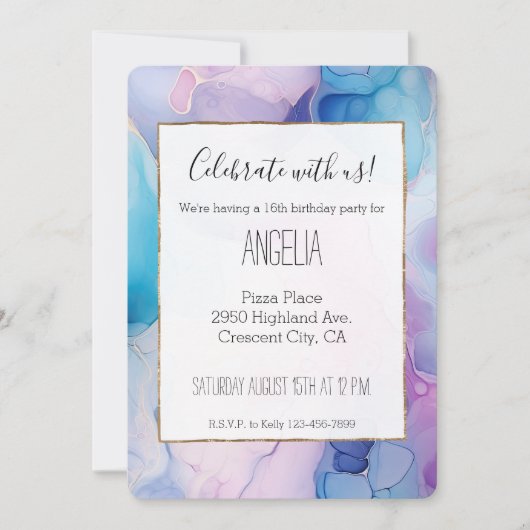 ターコイズアクアパープルピンクマーブル誕生日 招待状 (正面)