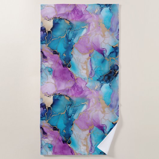 ターコイズアクアパープル金ゴールドマーブル ビーチタオル (正面)