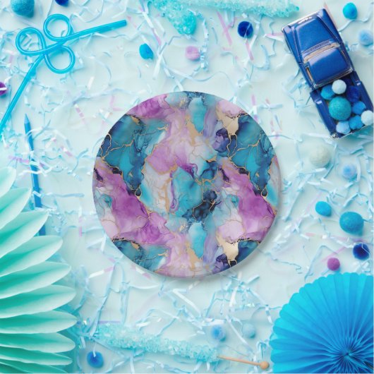 ターコイズアクアパープル金ゴールドマーブル ペーパープレート (パーティー)