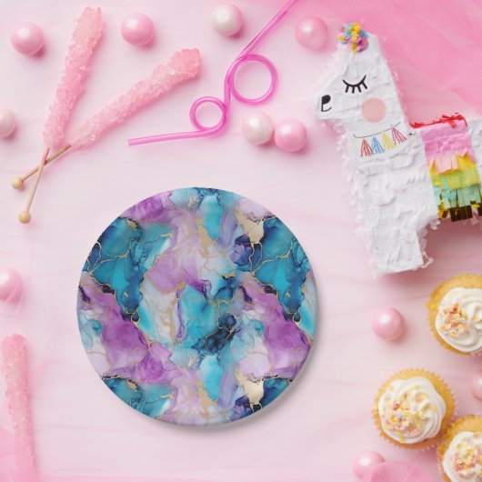 ターコイズアクアパープル金ゴールドマーブル ペーパープレート (パーティー)