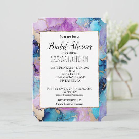 ターコイズアクアパープル金ゴールドマーブル 招待状 (スタンド正面)