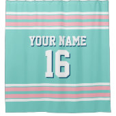 ターコイズアクアピンクホワイトストライプスポーツジャージー シャワーカーテン (正面)