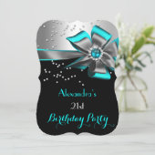 ターコイズアクアブラックシルバーBowパール誕生日パーティー2 招待状 (スタンド正面)