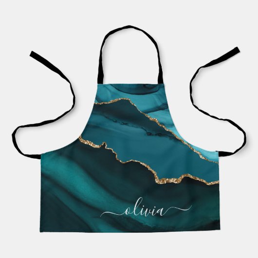 ターコイズアクアブルーグリーンのジオードゴールドモノグラム エプロン (正面)