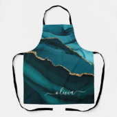 ターコイズアクアブルーグリーンの瑪瑙ジオードゴールドモノグラム エプロン (正面)