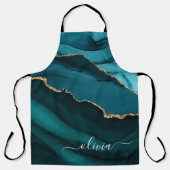 ターコイズアクアブルーグリーンアゲートジオードゴールドモノグラム エプロン (正面)