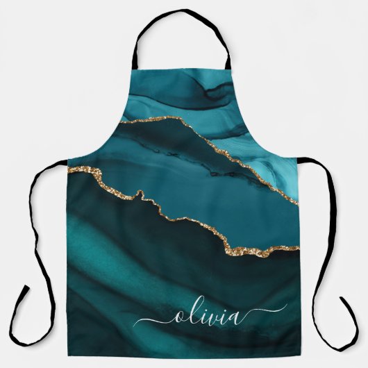 ターコイズアクアブルーグリーンアゲートジオードゴールドモノグラム エプロン (正面)