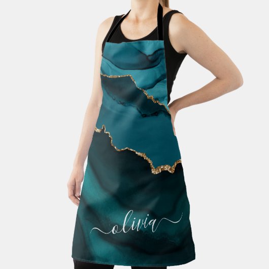 ターコイズアクアブルーグリーンアゲートジオードゴールドモノグラム エプロン (インサイチュ)