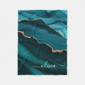 ターコイズアクアブルーグリーンアゲートジオードゴールドモノグラム フリースブランケット (正面)