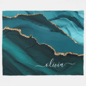 ターコイズアクアブルーグリーンアゲートジオードゴールドモノグラム フリースブランケット (正面(横))