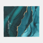 ターコイズアクアブルーグリーンアゲートジオードゴールドモノグラム フリースブランケット (正面(横))