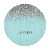 ターコイズアクアブルーシルバーグリッターガーリーモノグラム名前 カッティングボード (正面)