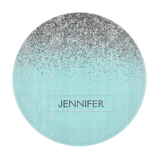 ターコイズアクアブルーシルバーグリッターガーリーモノグラム名前 カッティングボード (正面)