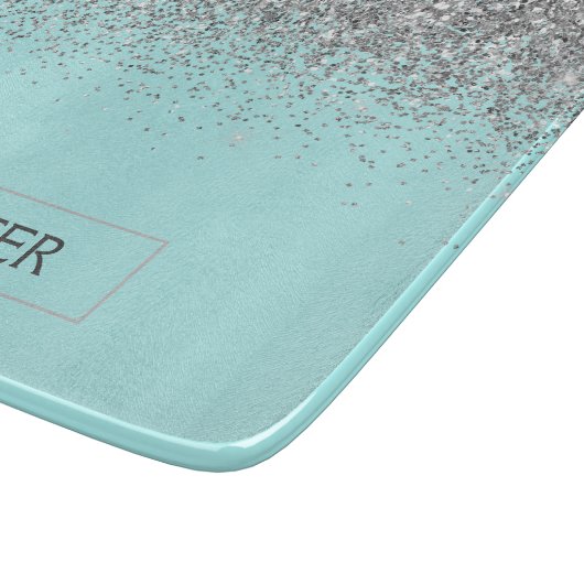 ターコイズアクアブルーシルバーグリッターガーリーモノグラム名前 カッティングボード (角)