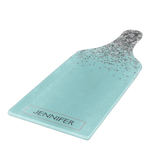 ターコイズアクアブルーシルバーグリッターガーリーモノグラム名前 カッティングボード (角)