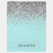 ターコイズアクアブルーシルバーグリッターガーリーモノグラム名前 フリースブランケット (正面)