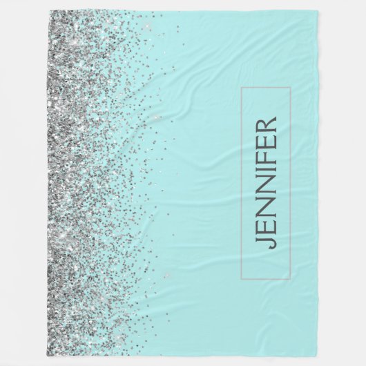 ターコイズアクアブルーシルバーグリッターガーリーモノグラム名前 フリースブランケット (正面)