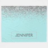 ターコイズアクアブルーシルバーグリッターガーリーモノグラム名前 フリースブランケット (正面(横))