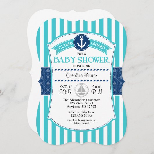 ターコイズアクアブルーベビー航海のシャワー招待状 招待状 (正面/裏面)