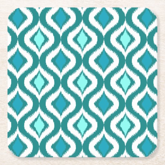 ターコイズアクアブルーレトロシックイカットドロップパターン スクエアペーパーコースター (正面)