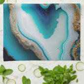 ターコイズアクアブルー金ゴールドジェムストンアクリルポアール キッチンタオル (折り畳み)