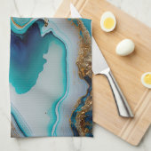 ターコイズアクアブルー金ゴールドジェムストンアクリルポアール キッチンタオル (四つ折り)