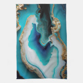 ターコイズアクアブルー金ゴールドジェムストンアクリルポアール キッチンタオル (縦)