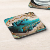 ターコイズアクアブルー金ゴールドジェムストンアクリルポアール コースター (左側)