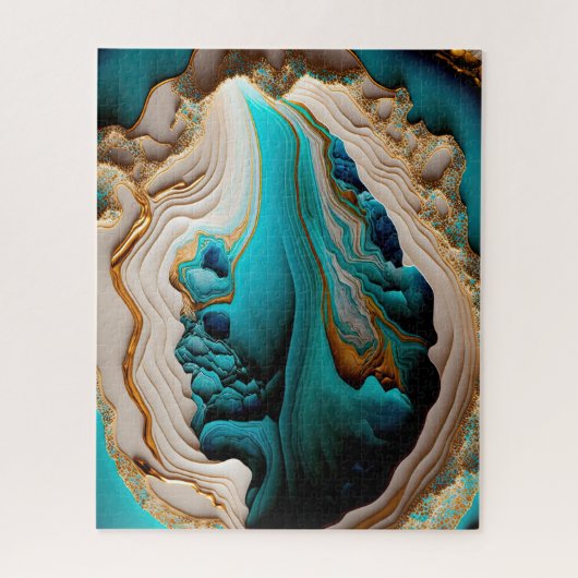 ターコイズアクアブルー金ゴールドジェムストンアクリルポアール ジグソーパズル (縦)