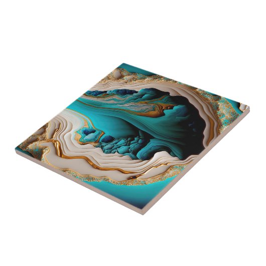 ターコイズアクアブルー金ゴールドジェムストンアクリルポアール タイル (側面)