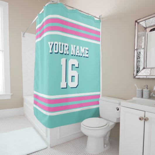 ターコイズアクアホットピンクホッストライプトスポーツジャージー シャワーカーテン (インサイチュ)