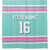 ターコイズアクアホットピンクホッストライプトスポーツジャージー シャワーカーテン (正面)