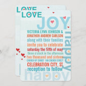 ターコイズアクアレッドモダンタイポグラフィラブバード 招待状 (正面/裏面)