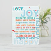 ターコイズアクアレッドモダンタイポグラフィラブバード 招待状 (スタンド正面)