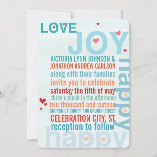 ターコイズアクアレッドモダンタイポグラフィラブバード 招待状 (正面)